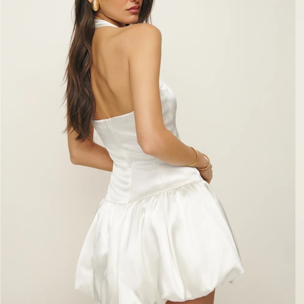 Reformation White Asymmetrical Ruffled Halter Dress